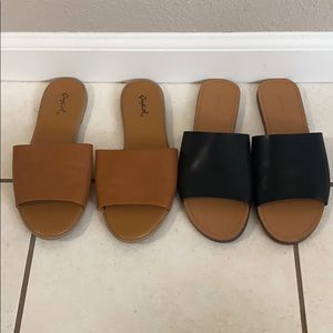 Women’s Faux Leather Slide Sandals (Tan & Black)